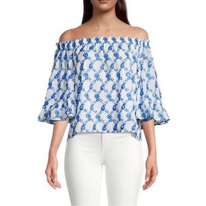 Lilly Pulitzer Baha Blue Paisley embroidered sequin Alva Off-The-Shoulder Top XS